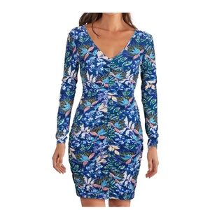 GUESS Blue Floral Long Sleeve V Neck Above Body Con Dress